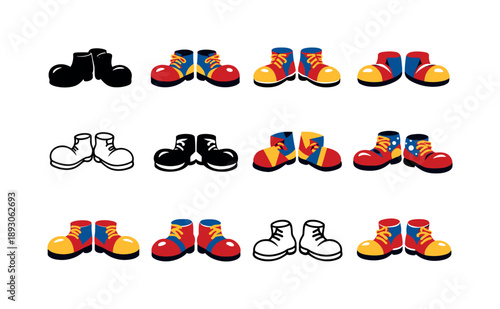 Clown Shoes Icon Set. Clown shoes. Icon set. Set Logo of Clown shoes: pair of colorful giant shoes. harmonious logo variations of the same emblematic concept,