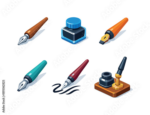 Colorful Calligraphy Tools Grid. Calligraphy tools. Isometric flat vector icons set of calligraphy tools: calligraphy dip pen, calligraphy ink bottle, broad