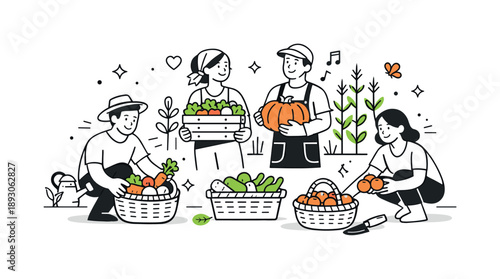 Community Garden Harvest. Community garden harvest. People collecting vegetables into baskets with satisfied smiles. Sense of reward, sustainability, and