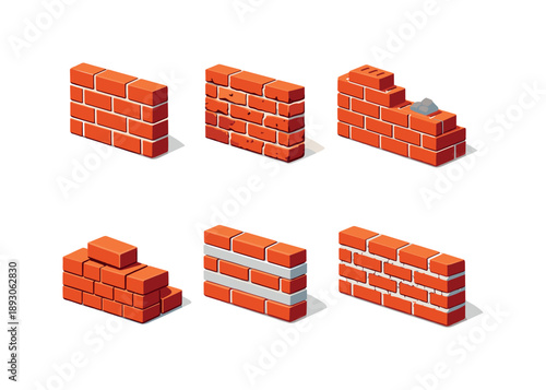 Masonry Wall Icons Grid. Masonry wall. Isometric flat vector icons set of masonry wall: brick wall close-up, textured brick wall, partially constructed wall,