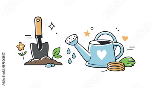 Minimalist Gardening Tools. Gardening tools. Modern minimal composition showing basic garden tools like a spade and watering can, expressing care and everyday