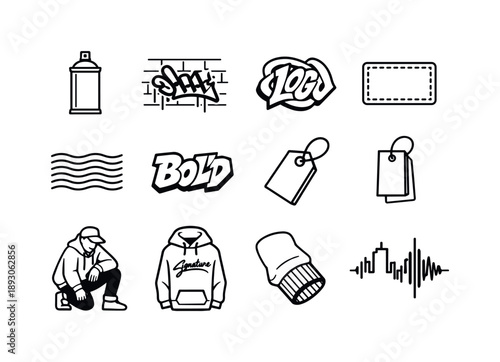 Streetwear Icon Grid. Streetwear Elements. Line icon set of Streetwear Elements: graffiti spray can, city wall tag, bold logo print, brand patch, fabric