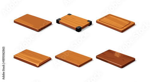 Isometric Culinary Icons. Culinary prep board. Isometric flat vector icons set of culinary prep board: wide prep board, non-slip corner feet, juice channel