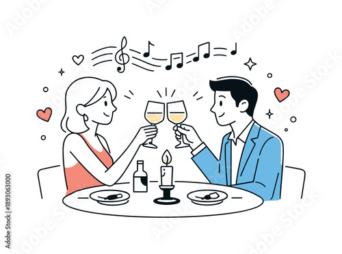 Candlelit Toast Harmony. Dinner date illustration. Two characters clinking glasses over a candlelit table with soft music and abstract notes in the background.