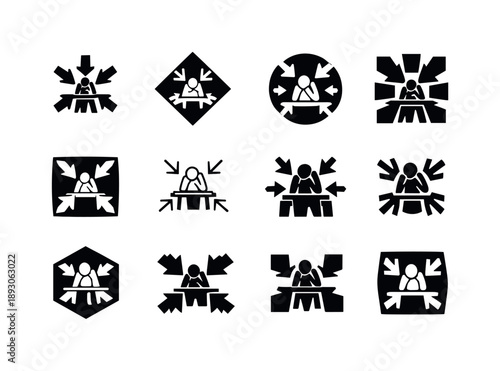 Work Anxiety Icons. Work performance anxiety. Icon set. Set Logo of work performance anxiety: pressure arrows pointing inward. harmonious logo variations of