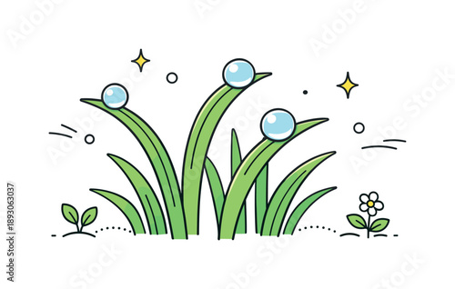 Morning Dew Bliss. June morning dew on grass. Close-up view of grass blades with round dew drops resting gently on their tips. The mood conveys calm nature,