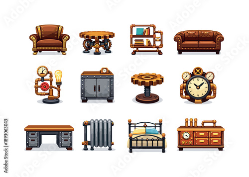 Steampunk Furniture Icons. Steampunk Furniture. Colorful flat vector icons set of Steampunk Furniture: brass armchair, gear table, pipe bookshelf, leather