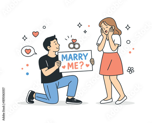 Romantic Proposal Surprise. Creative proposal ideas. A person holding a handmade sign or message board while kneeling, partner reacting with surprise. Romantic