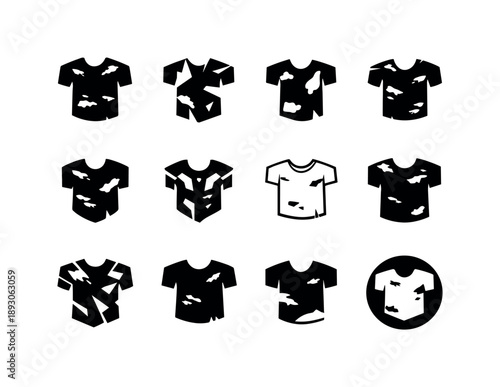 Worn T-Shirt Icons. Worn T-shirt. Icon set. Set Logo of worn T-shirt: distressed fabric shirt. harmonious logo variations of the same emblematic concept, each
