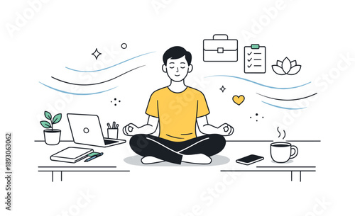 Mindful Office Break. Mindful break at work. Individual pausing to meditate or stretch at a desk, emphasizing mental well-being and balance between