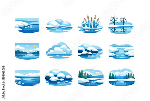 Winter Lake Icons. Winter lake. Colorful flat vector icons set of winter lake: icy water edge, snow banks, frozen reeds, bare trees reflection, cold sky lake,