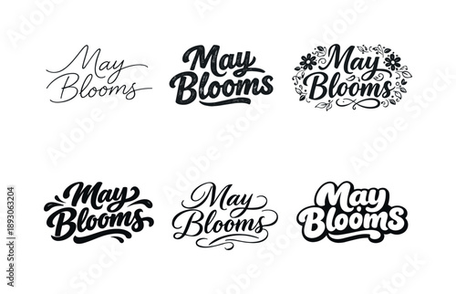 Diverse Lettering Styles. May blooms script lettering. Set lettering. harmonious lettering variations of the same emblematic concept, each with different