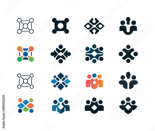 Team Collaboration Logos. Remote team collaboration. Icon set. Set Logo of Remote team collaboration: connected people nodes. harmonious logo variations of the