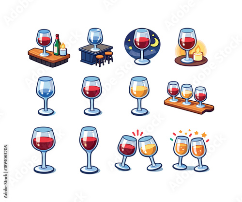 Colorful Wine Bar Icons. Wine Bar Style. Colorful isometric vector icons set of Wine Bar Style: bar wine glass, counter glass, evening wine glass, ambient