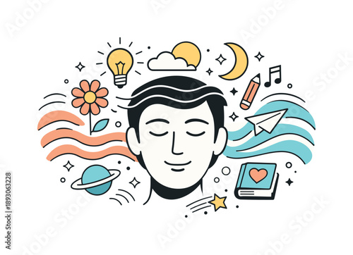 Psychedelic Dreamscape Portrait. Retro psychedelic portrait. A simplified human face surrounded by wavy lines and floating symbolic elements, suggesting inner