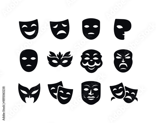 Theatrical Mask Icons. Theatrical masks. Solid icon set of Theatrical masks: comedy mask, tragedy mask, neutral mask, half-mask, full-face mask, Venetian mask,