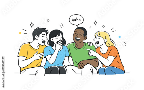 Joyful Group Bonding. Happy friends together. A group enjoying a shared joke, showing open smiles and relaxed body language. Carefree atmosphere and friendly