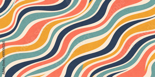 Colorful abstract seamless pattern with retro striped waves and bright rainbow curves creates a stylish vector backdrop for textile design and wallpaper decoration