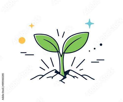 Sprouting Plant Growth. Hope and renewal illustration. A sprouting plant breaking through the ground with soft motion lines and light decorative accents.
