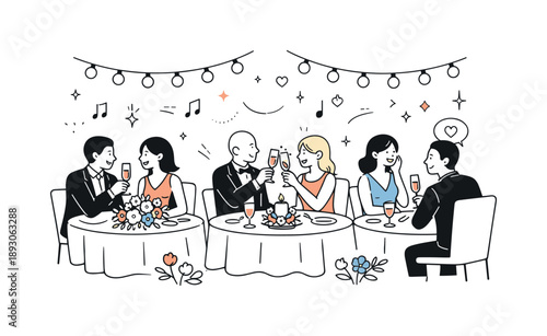 Elegant Reception Gathering. Wedding reception illustration. A group of guests sitting at decorated tables, with soft lights, music notes, and champagne