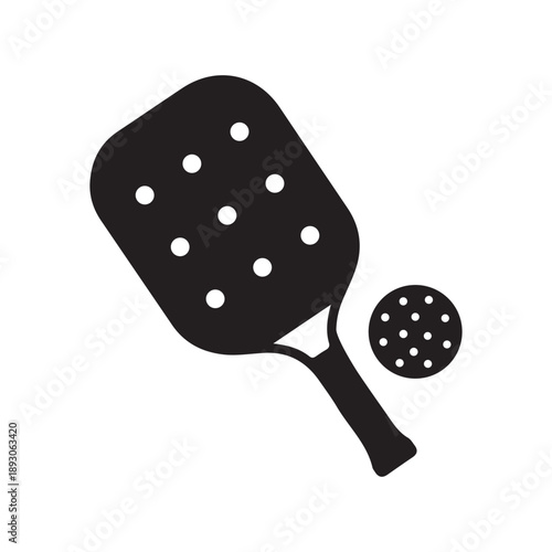 Silhouette of pickleball paddle and ball vector icon, isolated on white background.