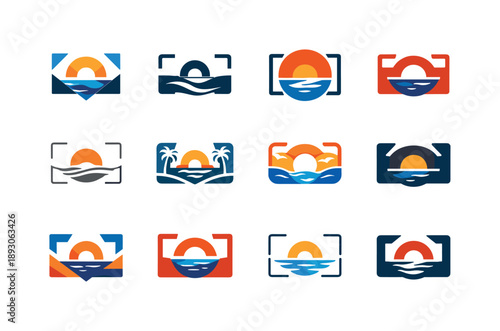 Summer Travel Icons. Travel photography (summer destinations). Icon set. Set Logo of travel photography (summer destinations): sunset over sea framed
