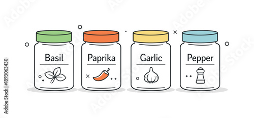 Minimalist Spice Jars. Spice jars minimal. A small set of spice jars with simple labels arranged neatly in a row, clean shapes and subtle lids. Calm kitchen