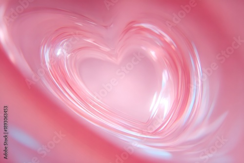 romantic photography, stylish lens distortion setup featuring a pink holographic heart, smooth surface, soft overhead light, and generous space for text