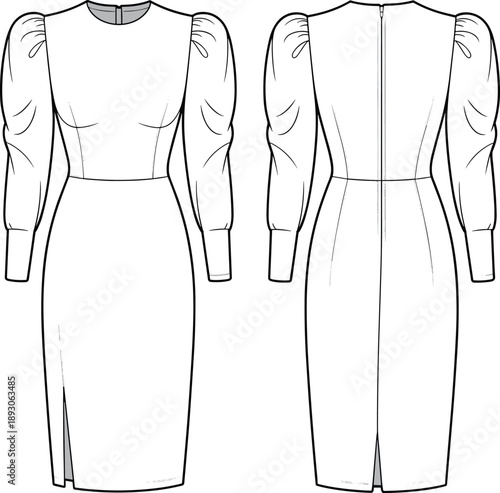 Cad drawing flat vector illustration, elegant long sleeve midi dress, puffed sleeves, side slit, fitted waist, back zipper, classic women’s fashion, stylish formal wear, modern outfit design