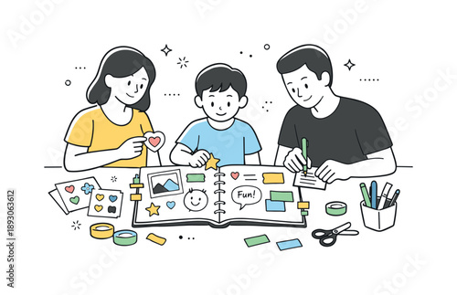 Creative Scrapbook Decorating. Decorating with creativity. Family adding stickers, colorful tabs, and handwritten notes to scrapbook pages. Playful yet calm