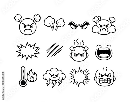 Cartoon Anger Icons. Cartoon anger. Line icon set of Cartoon anger: cartoon face, steam clouds, exaggerated brows, puffed cheeks, rage symbol, comic stress