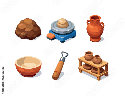 Handmade Pottery Icons. Handmade Pottery. Isometric flat vector icons set of Handmade Pottery: clay lump, pottery wheel, shaped vase, ceramic bowl, carving