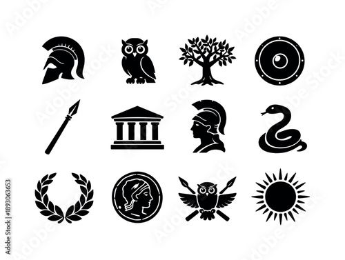 Athena Icon Set. Greek goddess Athena. Solid icon set of Greek goddess Athena: warrior helmet, wise owl, olive tree, round shield, long spear, Greek temple,