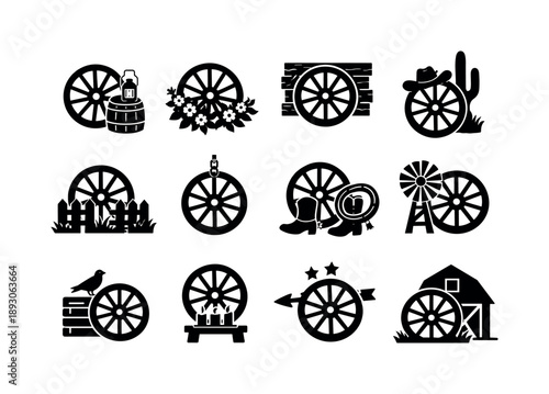 Wagon Wheel Icons. Wagon wheel decoration. Solid icon set of Wagon wheel decoration: rustic decor, garden wheel, wall ornament, western decor, farmhouse style,