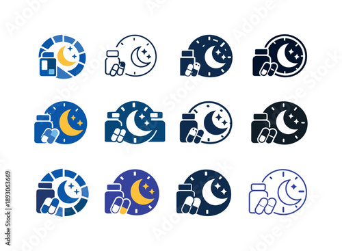 Melatonin Logo Variations. Melatonin for sleep. Icon set. Set Logo of Melatonin for sleep: sleep cycle clock and supplement. harmonious logo variations of the