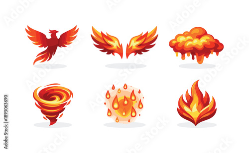 Firebird Icon Grid. Firebird Legend. Isometric flat vector icons set of Firebird Legend: legendary firebird silhouette, blazing wing spread, molten sky cloud,