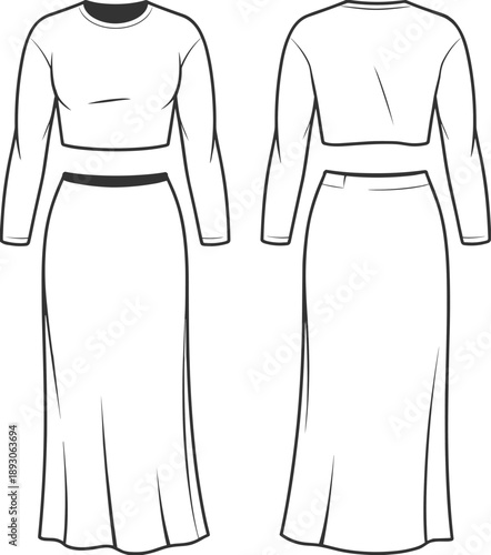 Cad drawing flat vector illustration, long sleeve crop top and maxi skirt outfit, fashion design template, women's casual clothing set, front and back views