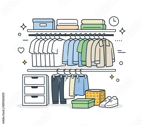 Smart Closet Design. Smart closet organization. Clothes are arranged closely on uniform hangers, showing efficient use of vertical space. Simplicity, tidiness,