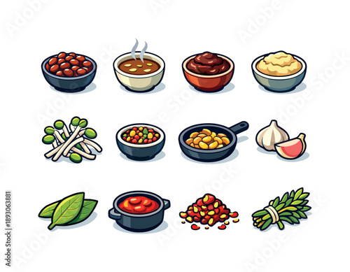 Colorful Bean Ingredient Icons. Bean Ingredients. Colorful isometric vector icons set of Bean Ingredients: cooked beans, bean broth, bean paste, bean mash,