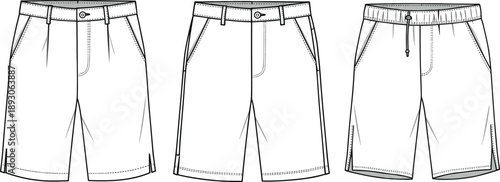 cad drawing flat vector illustration, men casual shorts technical fashion sketch, front view summer apparel template design