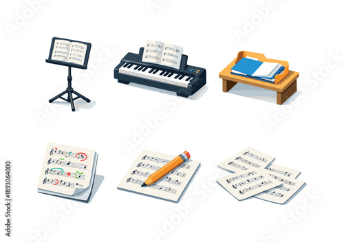 Music Practice Icons. Practice Setup. Isometric flat vector icons set of Practice Setup: music stand with sheet, sheet music on piano, open folder on desk,