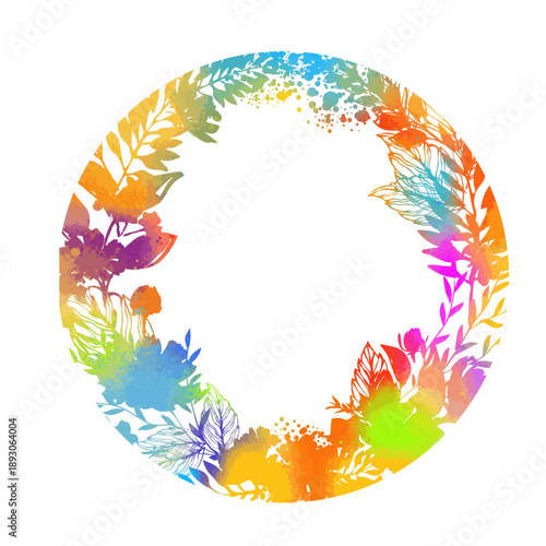 Round frame colored watercolor leaves and flowers . hand drawn. Not AI, Vector illustration.