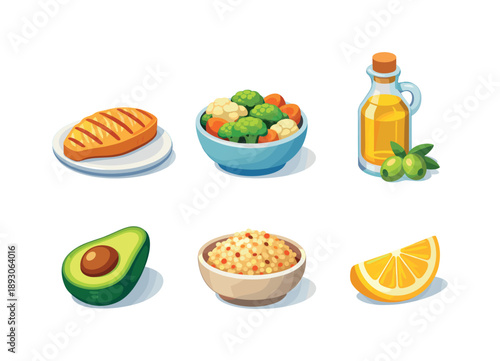 Clean Nutrition Icons. Clean Nutrition. Isometric flat vector icons set of Clean Nutrition: grilled fish fillet, steamed vegetables bowl, olive oil bottle,