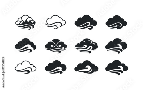 Stormy Cloud Icons. stormy clouds. Icon set. Set Logo of stormy clouds: gust wave. harmonious logo variations of the same emblematic concept, each with