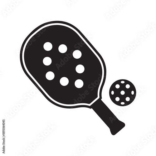 Silhouette of pickleball paddle and ball vector icon, isolated on white background.