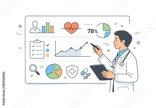 Healthcare Data Infographic. Medical infographic data analysis. A healthcare professional analyzing patient statistics, charts, and symbols on a