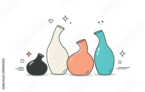 Organic Ceramic Elegance. Handcrafted organic ceramics. Vases with curved necks and asymmetric bodies placed neatly in a soft, minimal environment, conveying