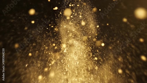 Abstract golden particles floating in the dark background, beautiful bokeh effect.