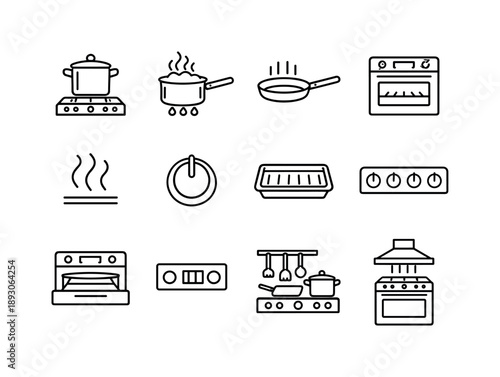 Cooking Stove Icons. Cooking Stove Icons. Line icon set of Cooking Stove Icons: stove with pot, saucepan boiling, frying pan, oven window, heat rising lines,