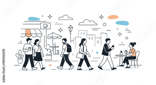 Urban Rhythm Abstraction. City life everyday scene. People walking along a city street with cafes and buildings around, relaxed movement and casual